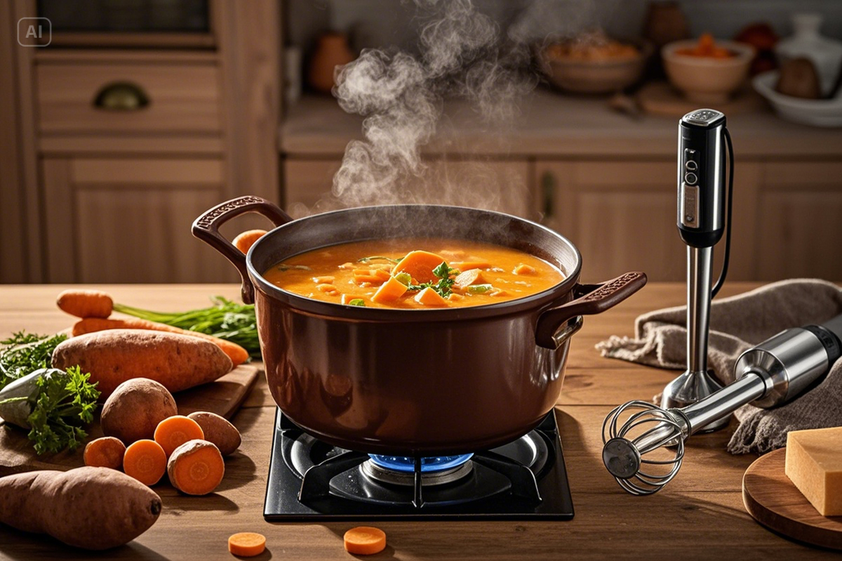 Carrot and sweet potato soup being cooked on the stove in a pot with an immersion blender beside it, cozy kitchen setting