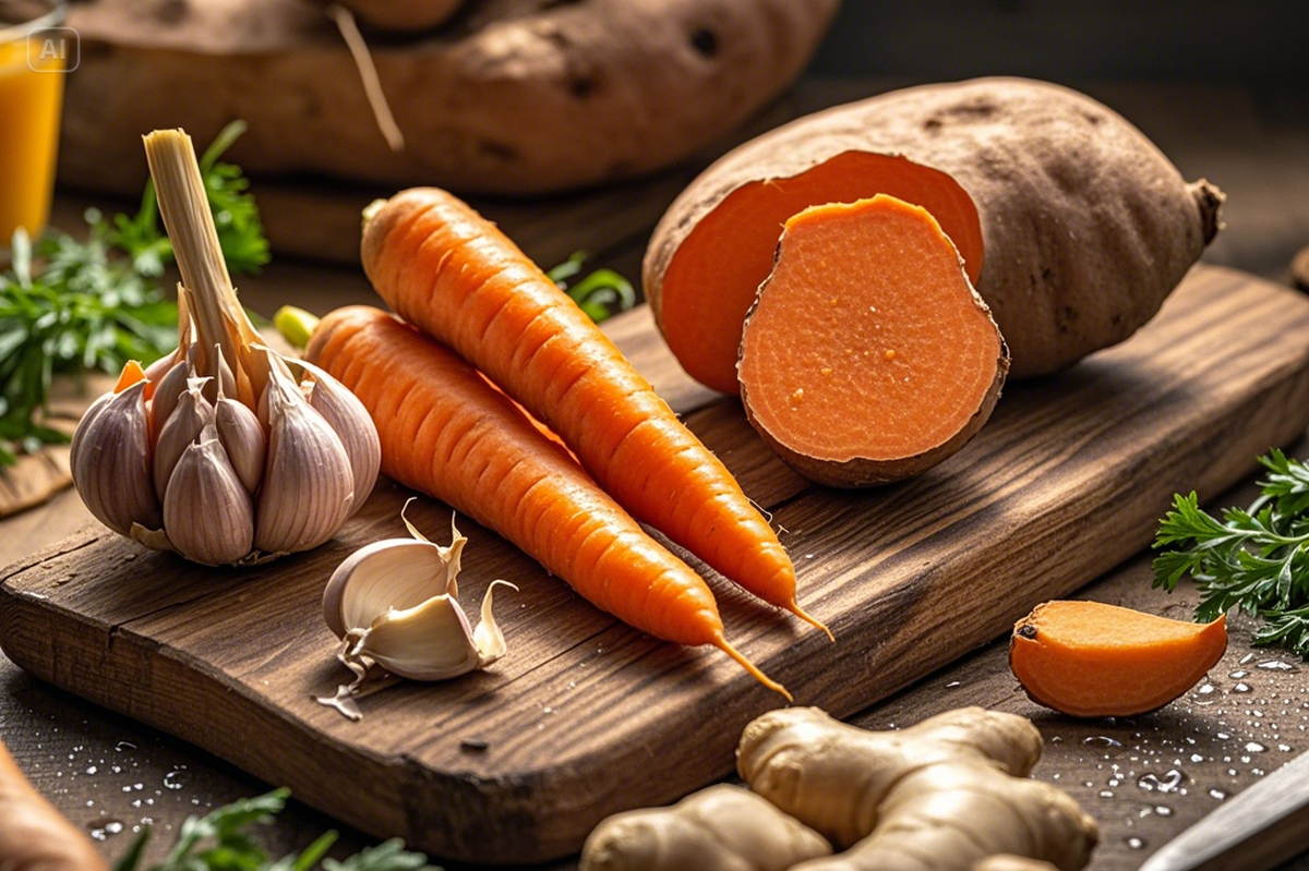 Fresh vegetables including bright orange carrots, sweet potatoes, garlic, ginger, and herbs displayed on a wooden cutting board